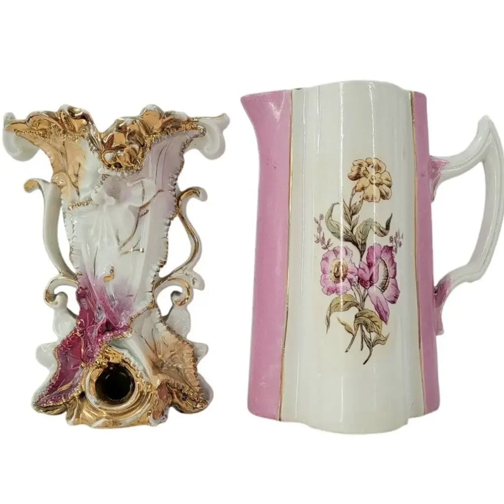 Coquette Pink Gilded Vase Pitcher Lot Romantic Cottagecore Vintage Shabby Chic